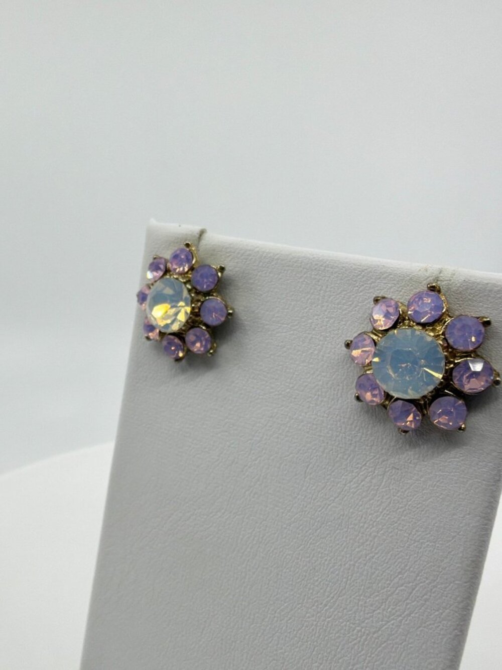 Purple Crystal Flower Stud Earrings Statement Gold Tone Bridal Party Jewelry - Picture 6 of 10